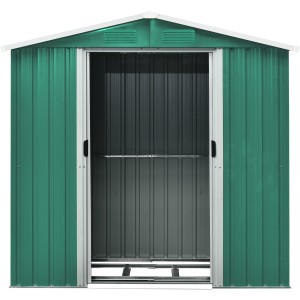 Pergart Gerätehaus Köln II, Tanne-Creme, offene Schiebetür. Metall Gerätehaus.