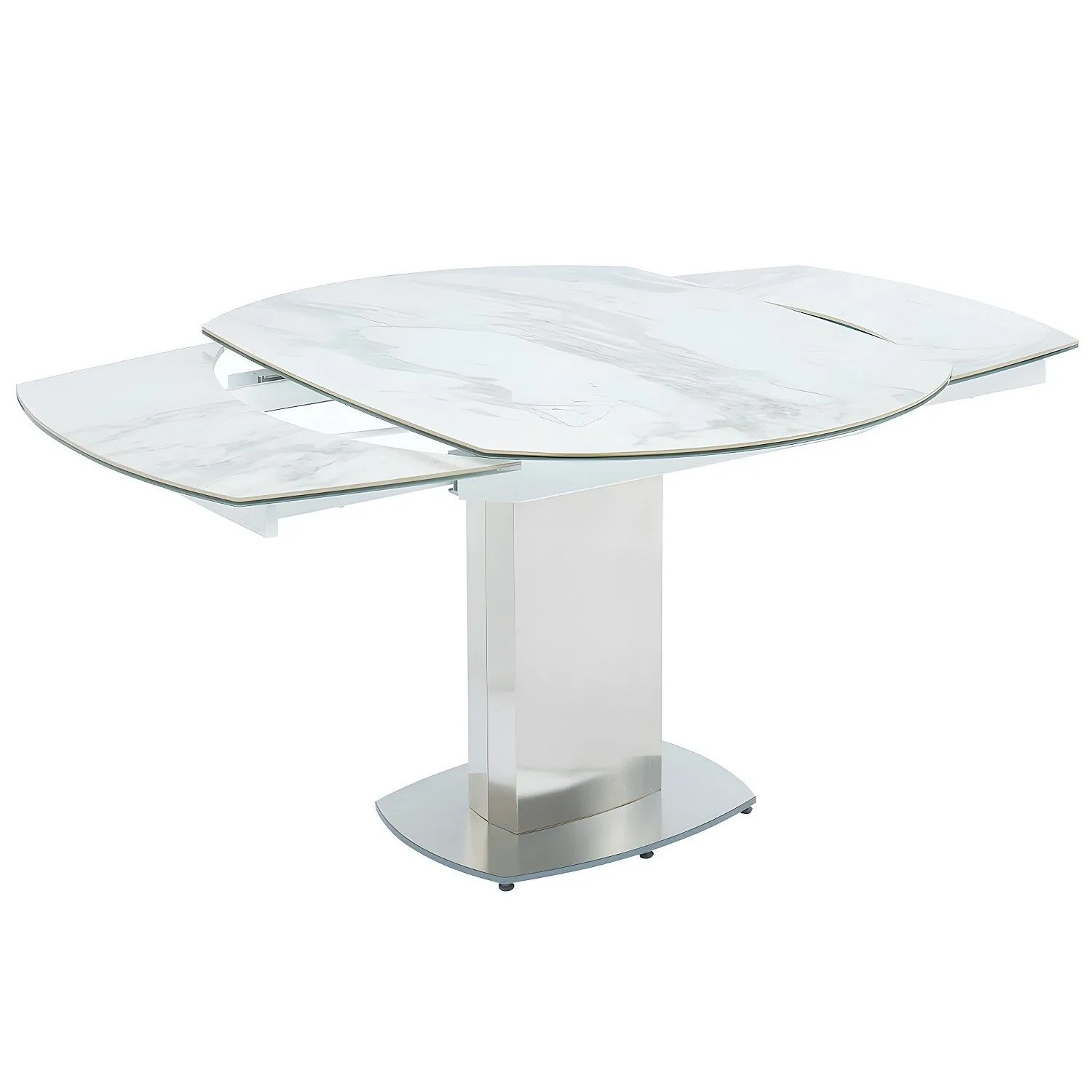 Weißer ausziehbarer Esszimmertisch Talicia mit Marmor-Optik Platte und glänzendem Mittelfuß. Moderne Essgruppe.