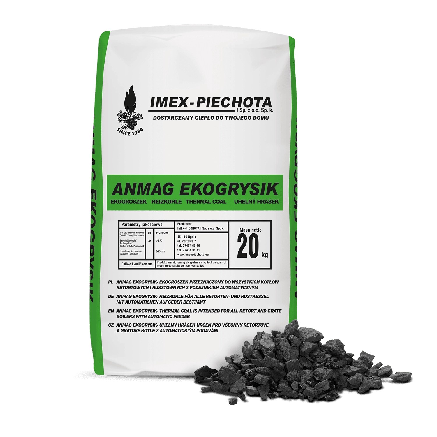 Palette Anmag Steinkohle (5-15mm) in 20kg Säcken, 1000kg Gesamtgewicht. Brennstoff für Heizung.