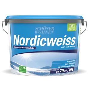 Eimer Schöner Wohnen Renovierfarbe Nordicweiss, 10 l, weiße Wandfarbe für Innenräume.
