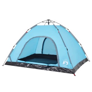 Blaues 4-Personen-Campingzelt mit Quick-Release-System für einfachen Aufbau.