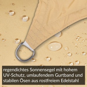 Sandfarbenes, regendichtes Toldoro Sonnensegel Dreieck mit Edelstahl-Öse und Wasserabweisung.