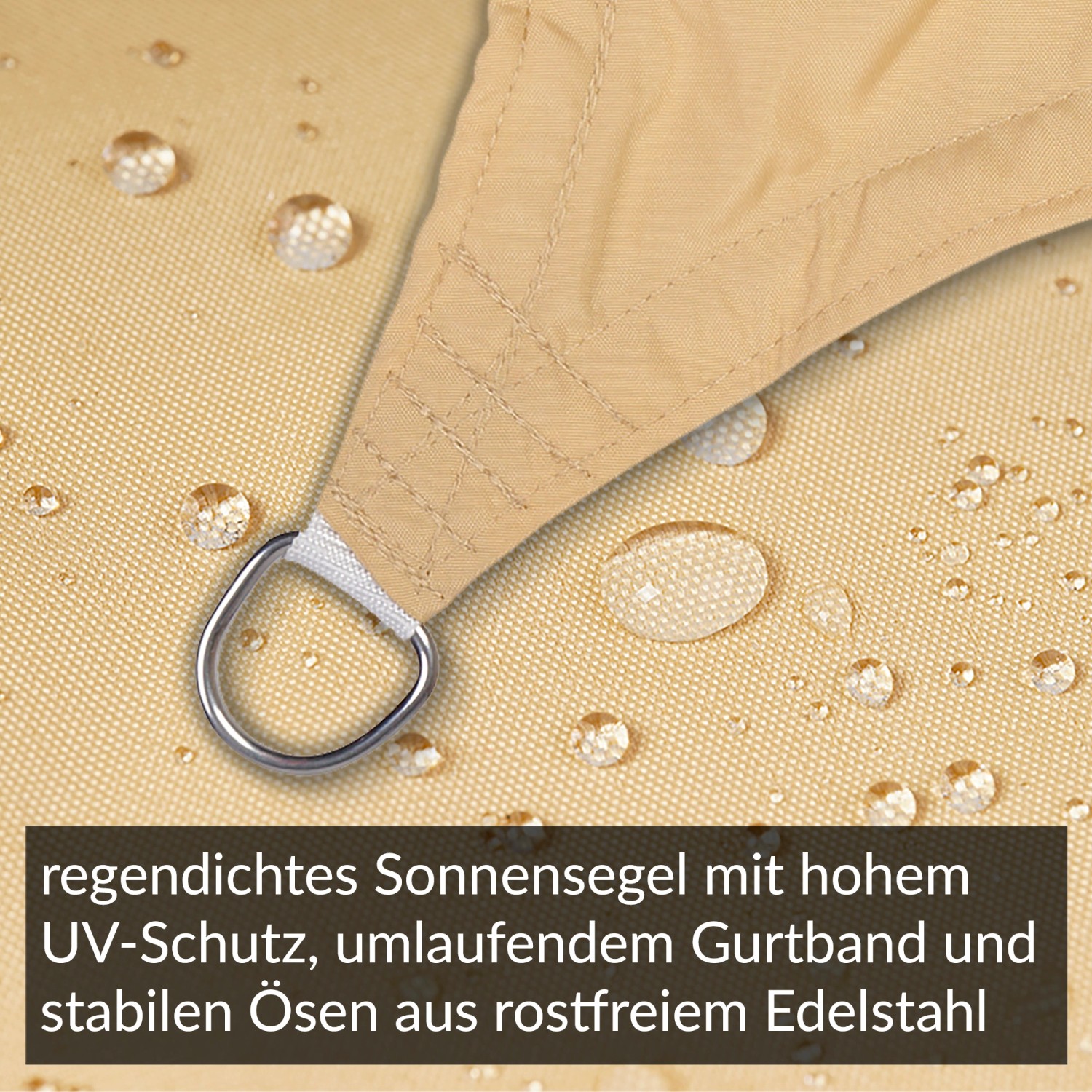 Sandfarbenes, regendichtes Toldoro Sonnensegel Dreieck mit Edelstahl-Öse und Wasserabweisung.