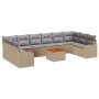 Beiges 10-tlg. vidaXL Garten-Sofa-Set aus Poly Rattan mit Tisch und grauen Kissen.
