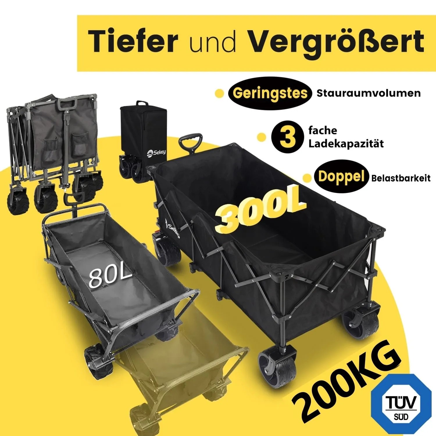 Sekey XXXL Bollerwagen, faltbar, 300L, schwarz. Camping Bollerwagen mit Stahlrahmen und großen Rädern.