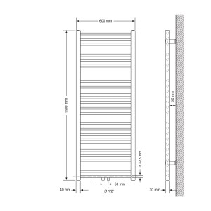 Technische Zeichnung: LuxeBath Badheizkörper, 600x1500 mm, weiß, mit Maßen und Anschlussdetails.