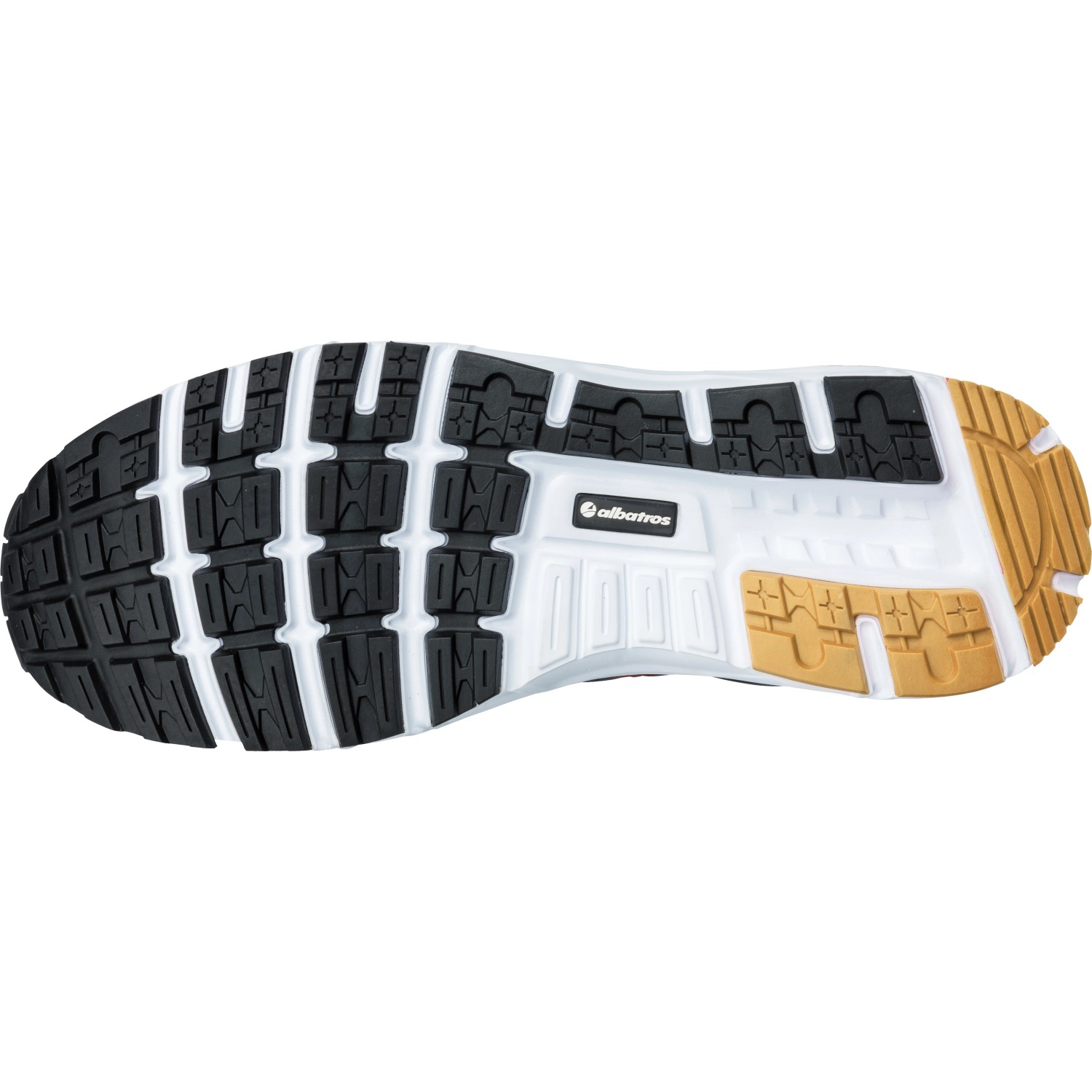 Sohle des Albatros AER55 Sicherheitshalbschuhs, blau-orange, Größe 39. Arbeitsschuh mit rutschfester Sohle.