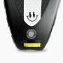Detail des Suprfit SUP Boards: Schwarzes Anti-Rutsch-Deckpad mit Smiley, Ventil und gelber Leash-Befestigung.