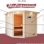 Woodfeeling Sauna Sandra aus Massivholz mit Ofen und Glastür.