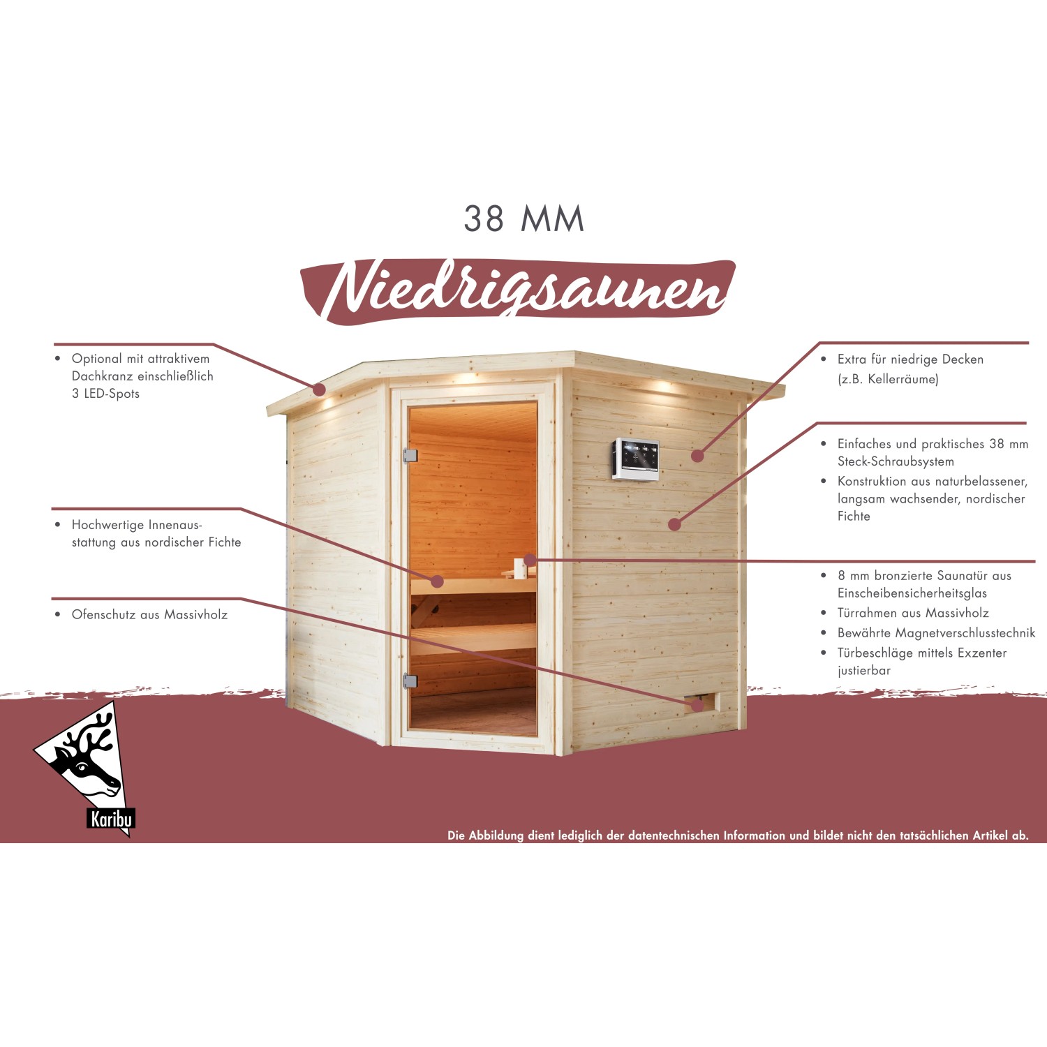 Woodfeeling Sauna Sandra aus Massivholz mit Ofen und Glastür.