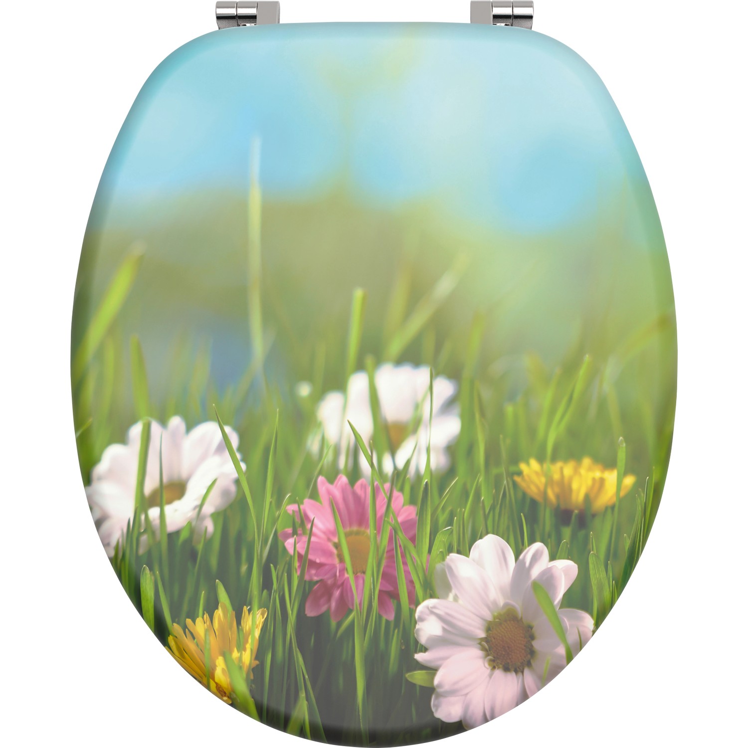 WC-Sitz Surumu mit Blumenwiese Dekor auf Holzkern. Toilettendeckel mit Metallscharnieren.