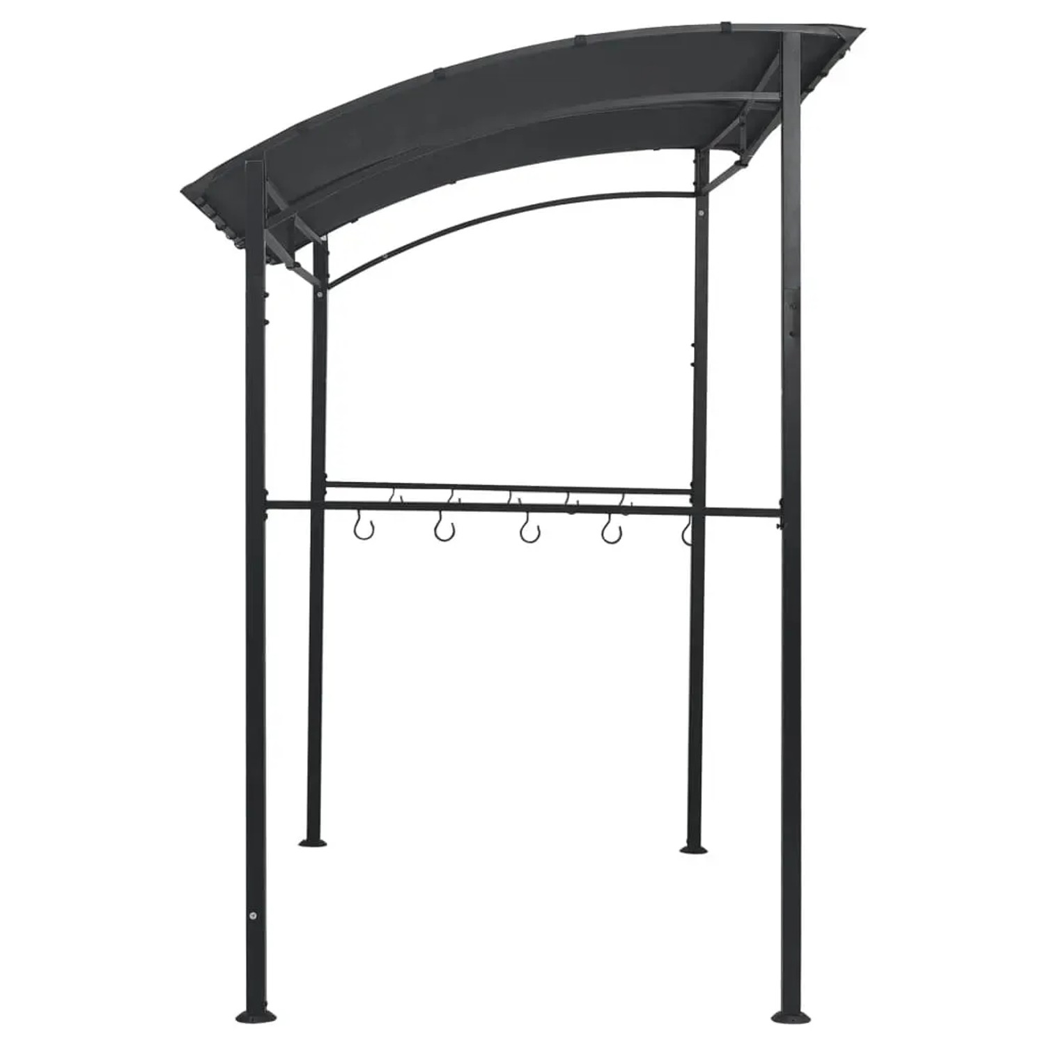 Anthrazitfarbener BBQ-Pavillon aus Stahl mit Dach und Haken für Grillzubehör.