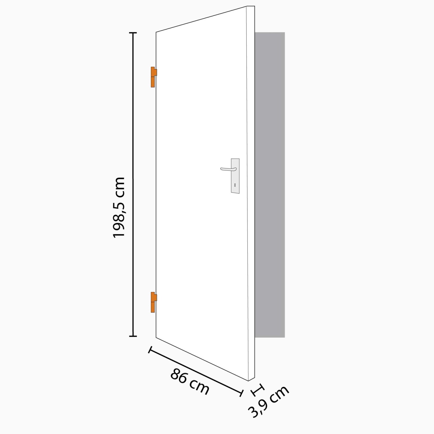 Zimmertür in Platineiche Optik, 86x198,5 cm, Linksanschlag, mit Maßangaben.