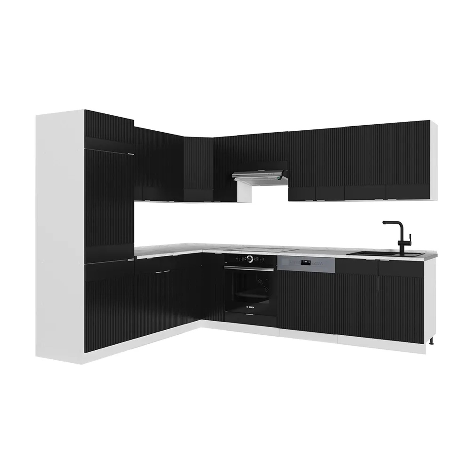 Vicco Fame-Line Eckküche Schwarz gestreift/Weiß 227 x 287 cm AP Marmor ohne E-Geräte