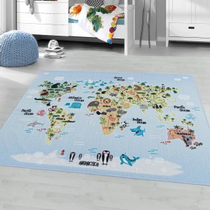 Blauer Ayyildiz Kinderteppich mit Weltkarte, 140x200 cm. Ideal zum Spielen und Entdecken.