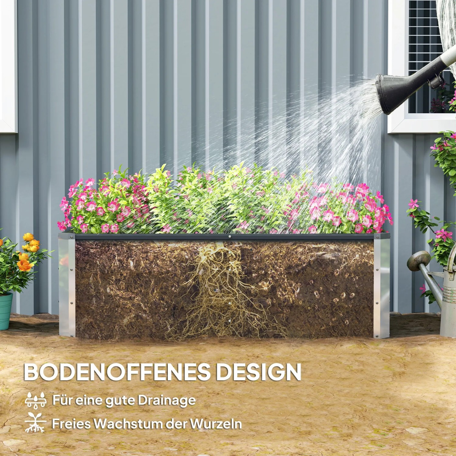 Outsunny Gartenbeet Stahl kohlegrau mit Blumen wird bewässert. Offener Boden für Drainage.