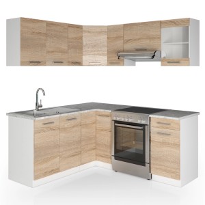 Eckküche Rick in Weiß/Sonoma mit Marmor Arbeitsplatte, 187x167 cm. Küchenzeile in L-Form.