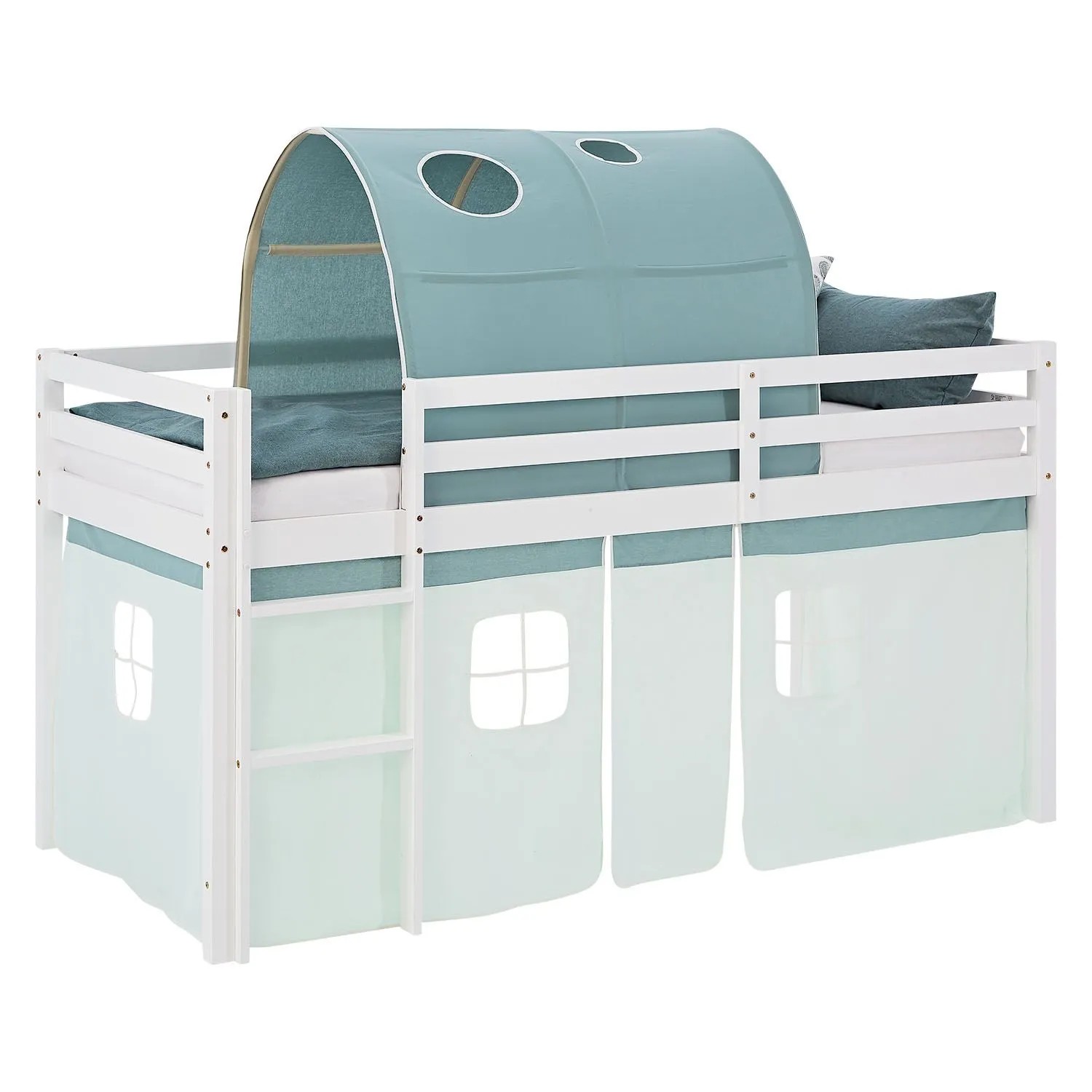 Homestyle4u Kinder Hochbett 90x200 mit Lattenrost Tunnel Vorhang Grün Kinderbett 2937