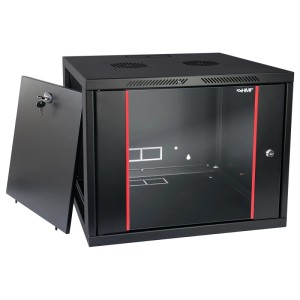 Schwarzer 19 Zoll HMF Serverschrank/Netzwerkschrank, 9HE, Tiefe 45cm, mit geöffneter Tür.