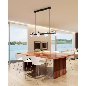 Moderne Eglo Hängeleuchte Hornwood, 4-flammig, schwarz-weiß, über Esstisch.