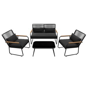 Schwarzes 4-teiliges GARMIO Polyrattan Gartenmöbel Set mit Bank, Stühlen und Glastisch.