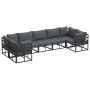Schwarzes 7-teiliges vidaXL Garten-Sofa-Set aus Aluminium mit grauen Kissen.