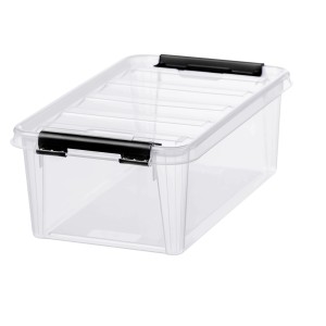Transparente SmartStore Aufbewahrungsbox Classic 4 l mit Deckel und schwarzen Clips.