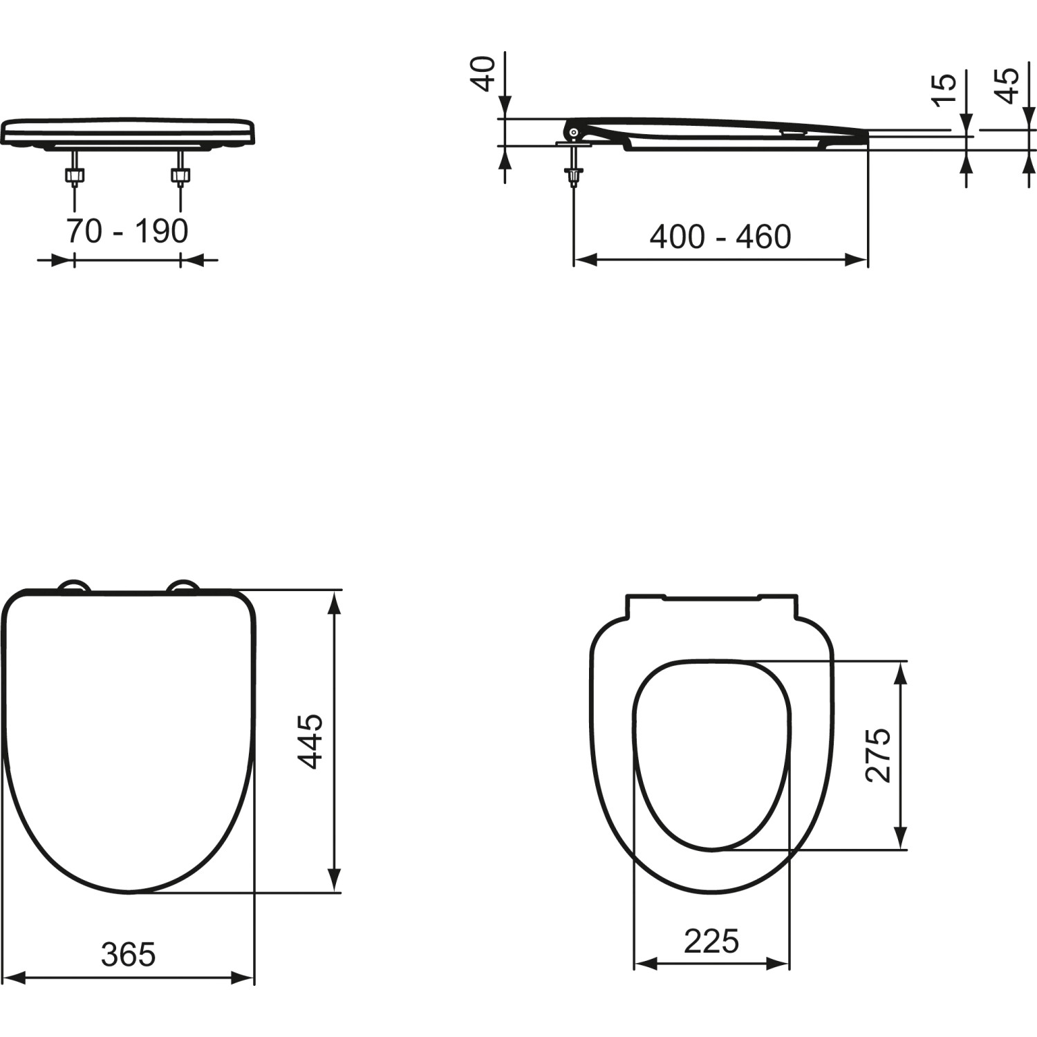 Technische Zeichnung: Ideal Standard i.life A WC-Sitz mit Softclosing, Wrapover, weiße Ausführung, Maße.