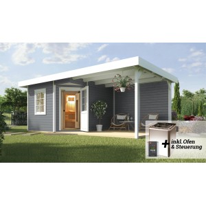 Graues Weka Saunahaus Salo Sparset mit Anbau, Ofen und Steuerung im Garten.