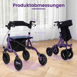 Costway Rollator mit Luftbereifung Faltbar mit Sitz Bis 136 kg Lila