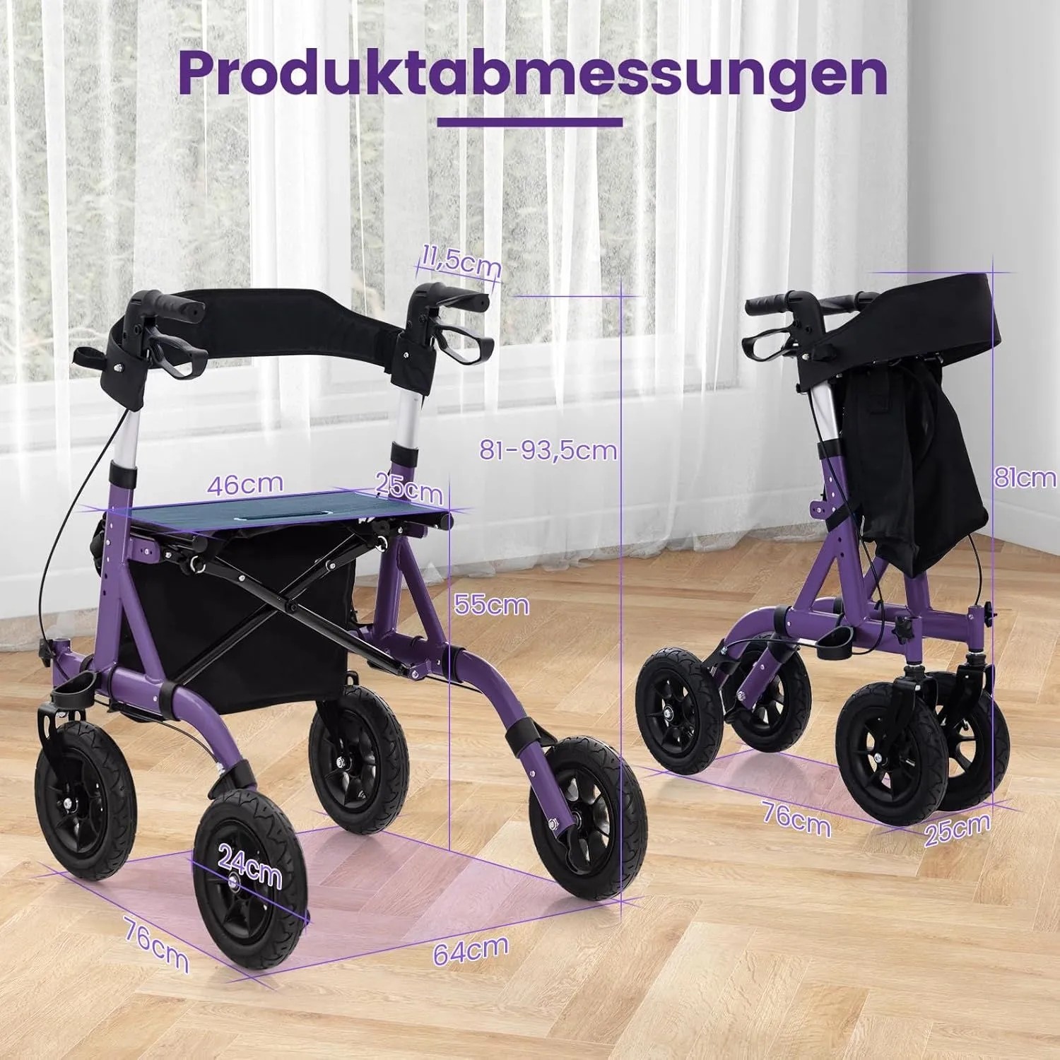 Costway Rollator mit Luftbereifung Faltbar mit Sitz Bis 136 kg Lila_2