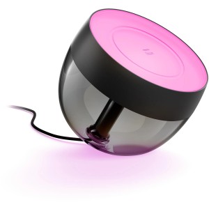 Schwarze Philips Hue Iris Tischleuchte mit farbigem Licht und Kabel.