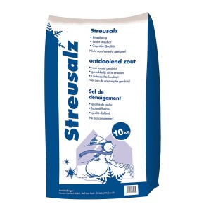 Sack Streusalz, 10 kg, mit Schneemann-Motiv. Winterstreumittel für Eis und Schnee.