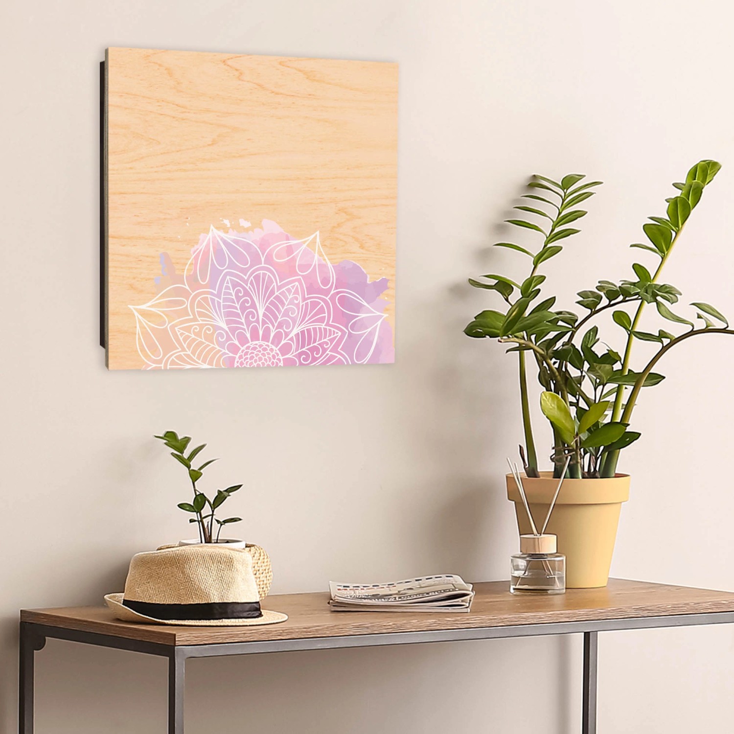 Banjado Schlüsselkasten aus Holz, 30x30cm, mit buntem Mandala Motiv und 50 Haken zur Schlüsselaufbewahrung.