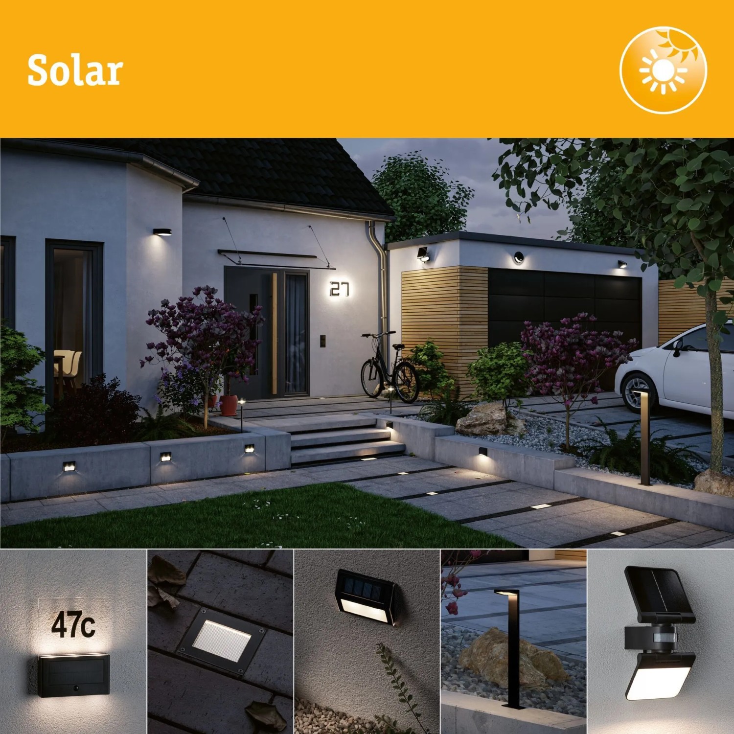 Verschiedene Solar-Deko Leuchten im Aussenbereich, wie die Solar Tischleuchte Lillesol IP44 3000K.
