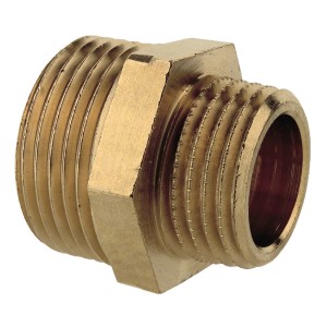 Messing Reduzier-Doppelnippel, 33,3 mm x 26,4 mm, für Gewindefittings.
