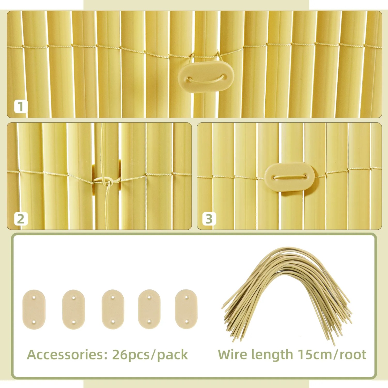 Beige PVC Sichtschutzmatte, Detailansicht der wetterfesten PVC-Rohre und Befestigungszubehör wie Clips und Drahtbinder für Balkon & Garten.