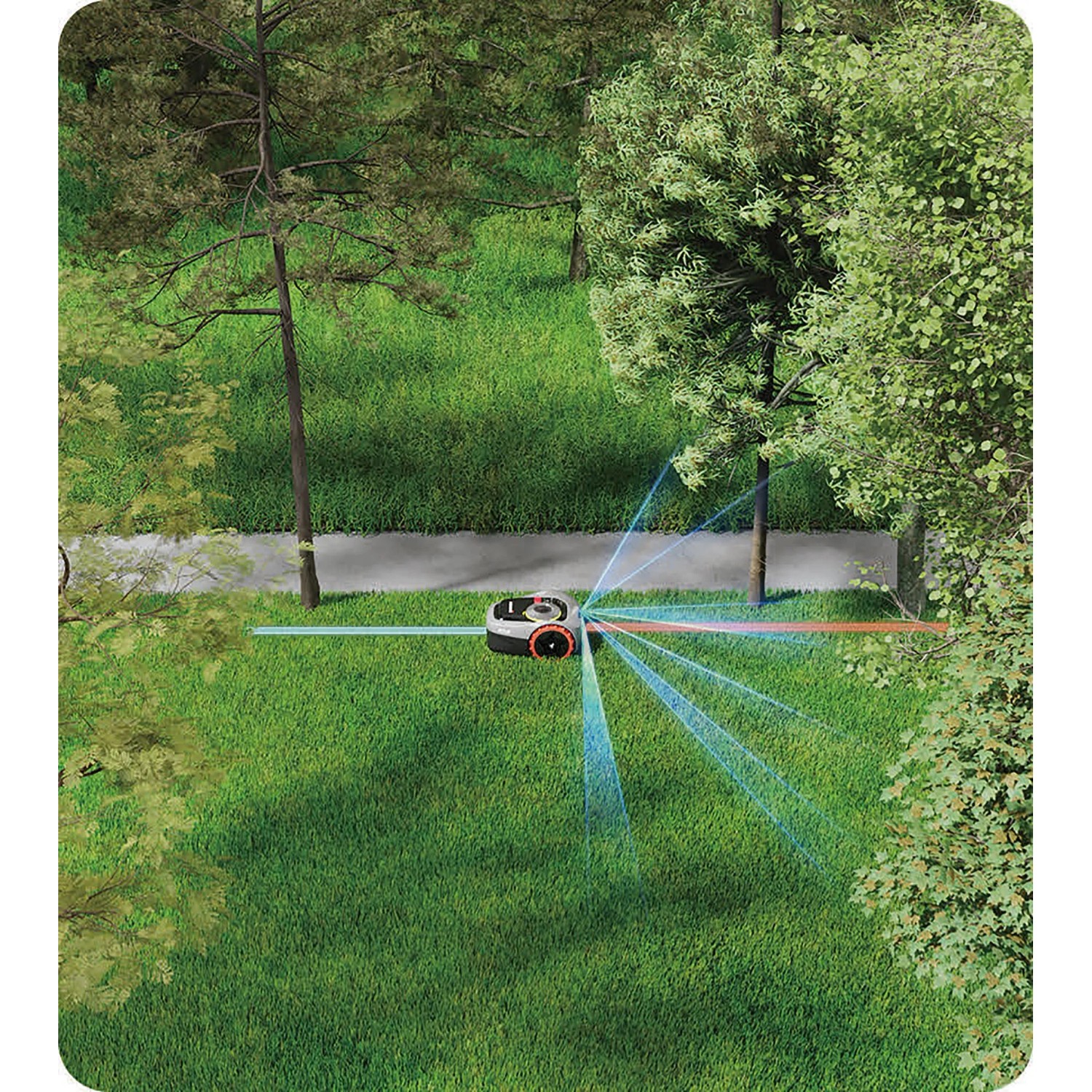 Segway Navimow i210E Mähroboter mit LiDAR-Navigation auf Rasenfläche im Garten.