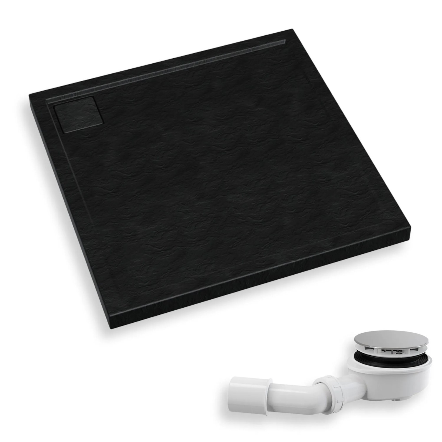 KOLMAN DUSCHWANNE Quadratisch Schwarz Steinoptik 80x80 cm Set mit Ablaufgarnitur