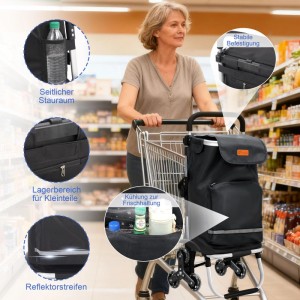 Sekey 3-in-1 Einkaufstrolley Treppensteiger schwarz mit Kühlfach und Spanngurt im Supermarkt.