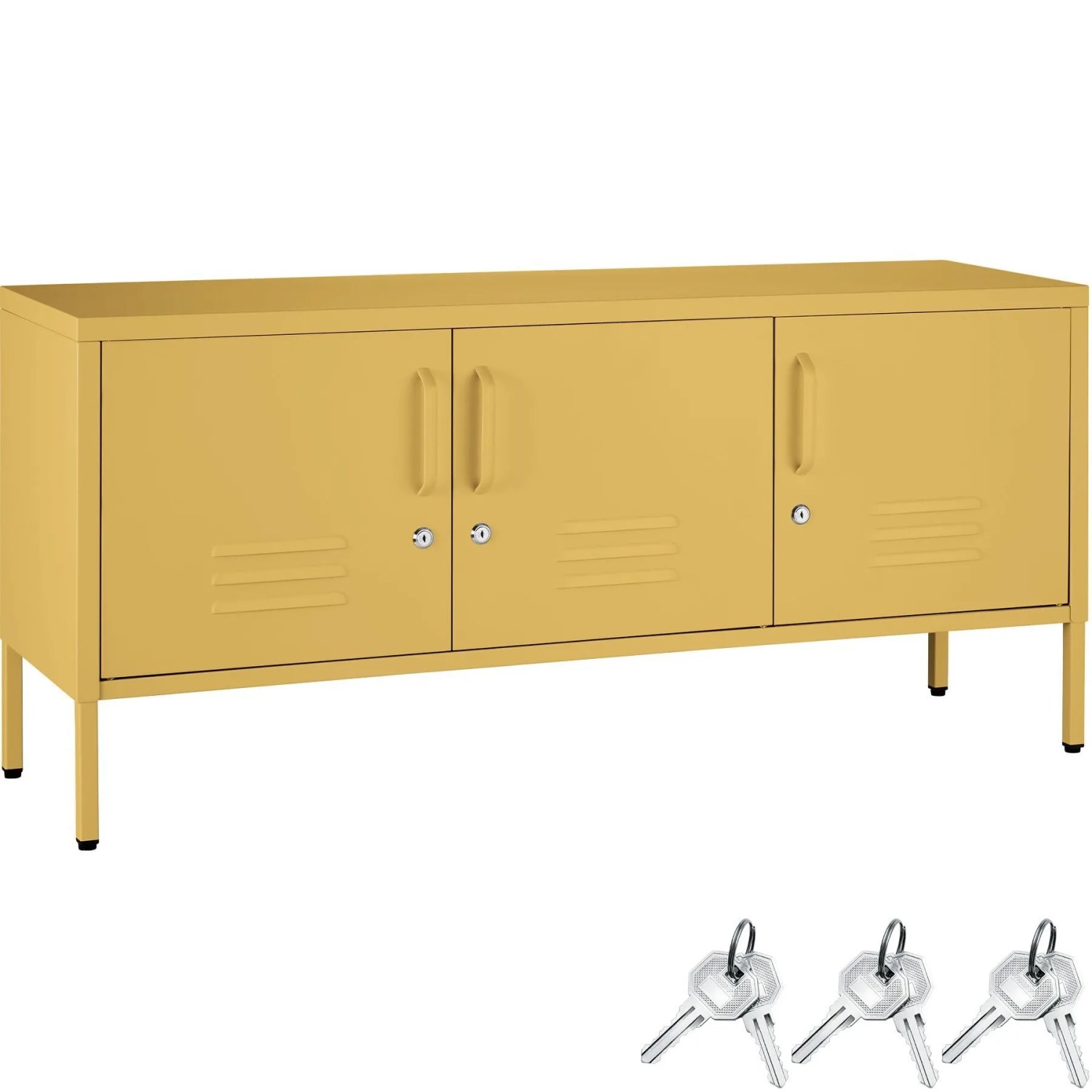 Tectake Sideboard Baker 3 Türen Mit Magnetverschluss  Einzeln Abschließbar Verstellbarer Zwischenboden  37 5 x 120 x 55 5 cm Gelb
