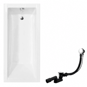 KOLMAN Rechteck-Badewanne 180x80 cm aus weißem Acryl mit Chrom-Ablauf und Siphon-System.