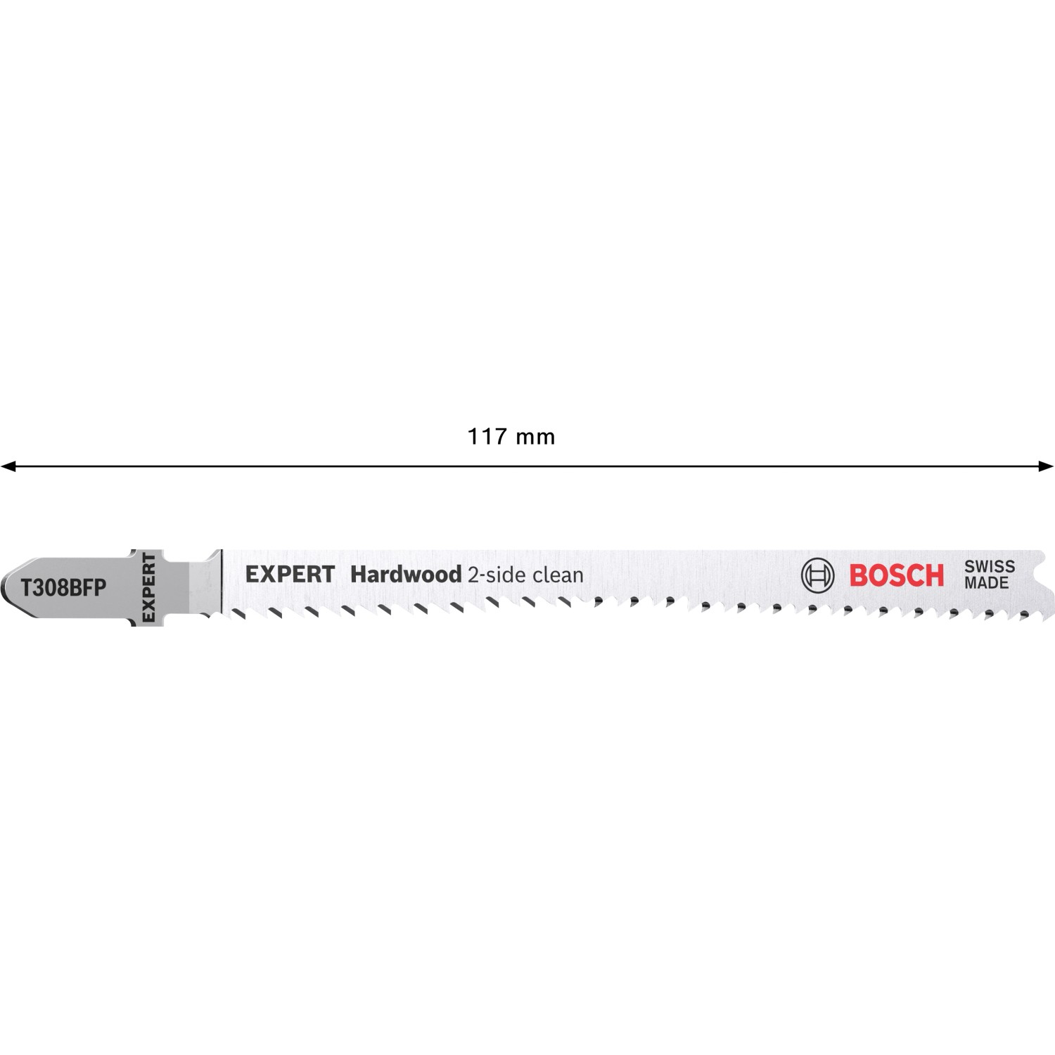 Bosch Expert T308BFP Stichsägeblatt für Laminat, saubere Schnitte oben/unten, 117mm Länge.