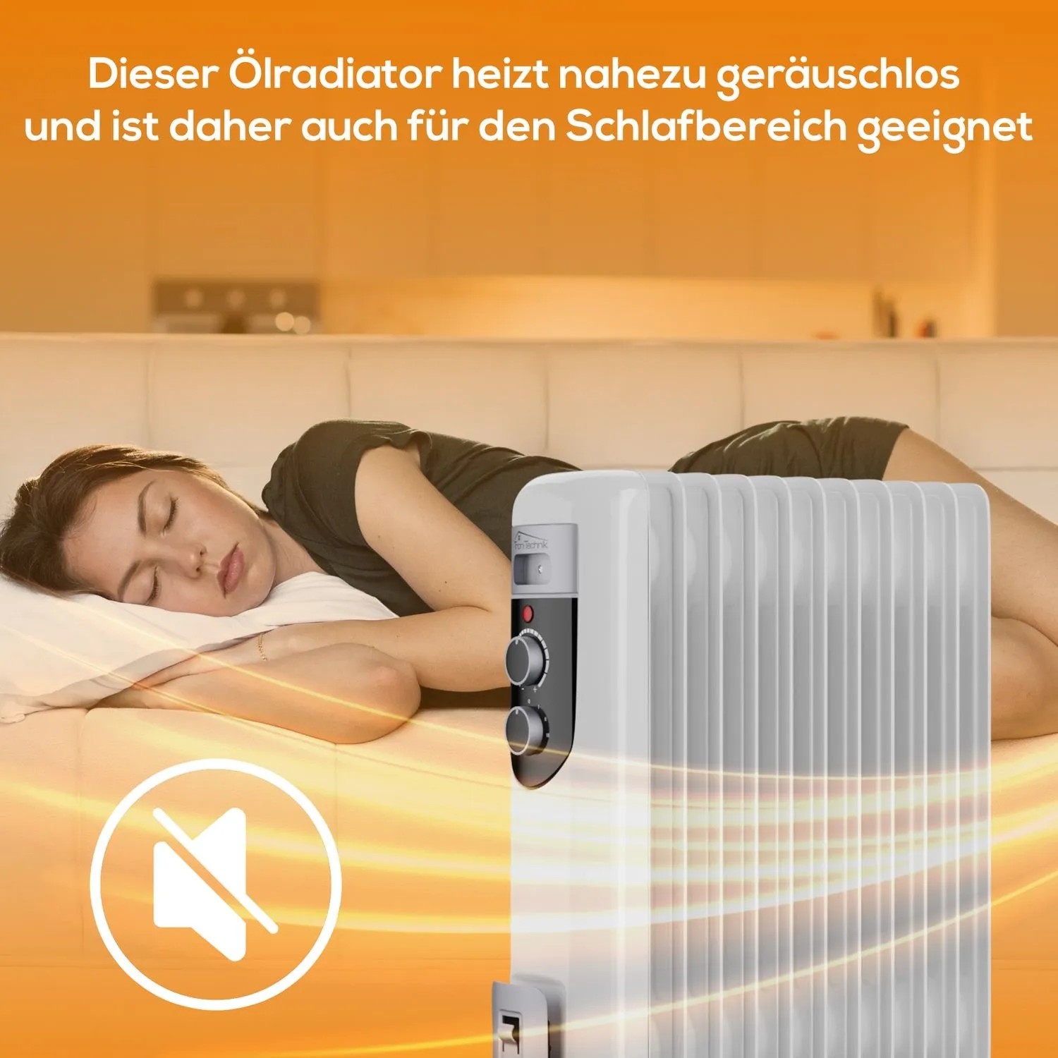TroniTechnik Ölradiator TT-OR 111 mit schlafender Frau, leise Elektroheizung mit 2500 Watt.