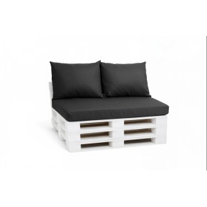 Anthrazitfarbenes Palettenkissen-Set (Sitzkissen, 2 Rückenkissen) auf weißer Europalette.