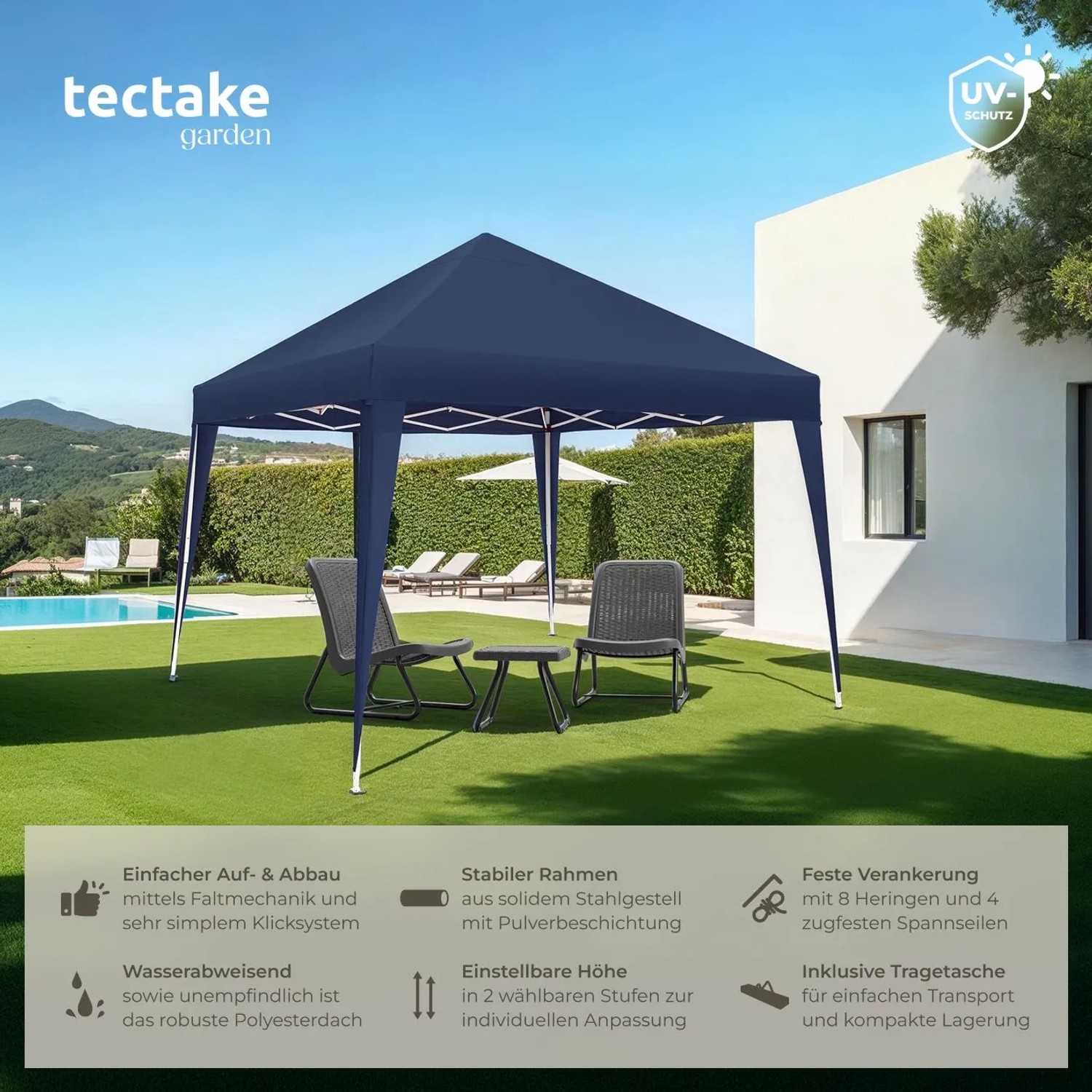 Tectake Pavillon Linosa 3 x 3 M Faltbar und Wasserabweisend 300 x 300 x 255 cm Blau_2