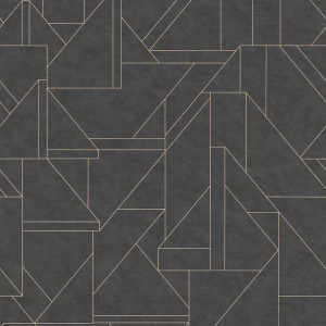 Schwarz-goldene Vliestapete im Art Deco Stil mit geometrischen Formen für Wohn- und Schlafzimmer.