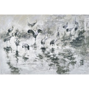 Erismann Fototapete Guido Maria Kretschmer Kraniche Grau, Malerei mit Kranich-Motiv.