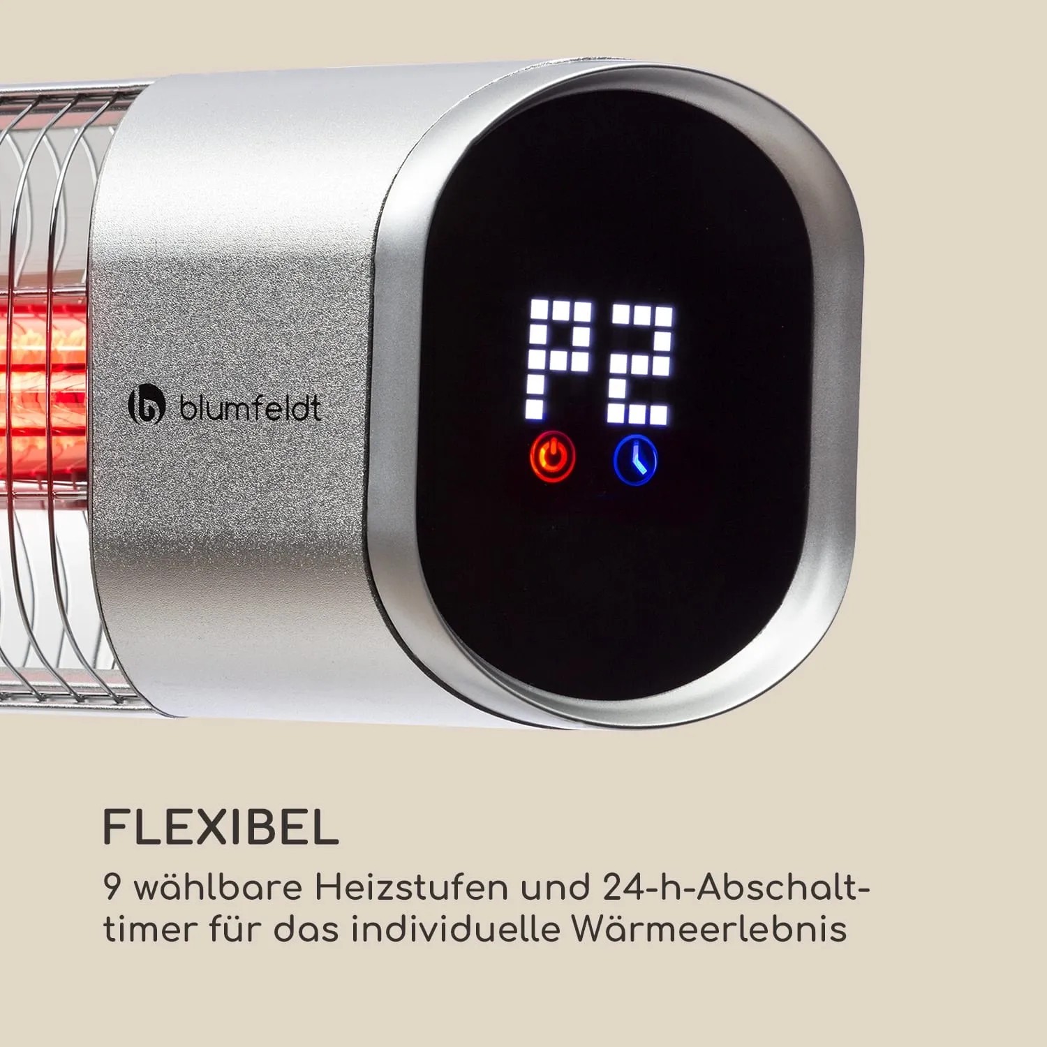 Detailansicht: Silberner Blumfeldt Dark Wave Terrassenheizstrahler mit digitalem Display.