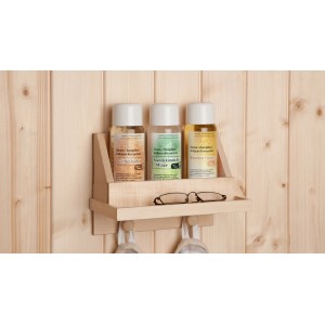 Weka Sauna-Aufguss-Set mit 3 Duftnoten und Wandregal mit Handtuchhaken.